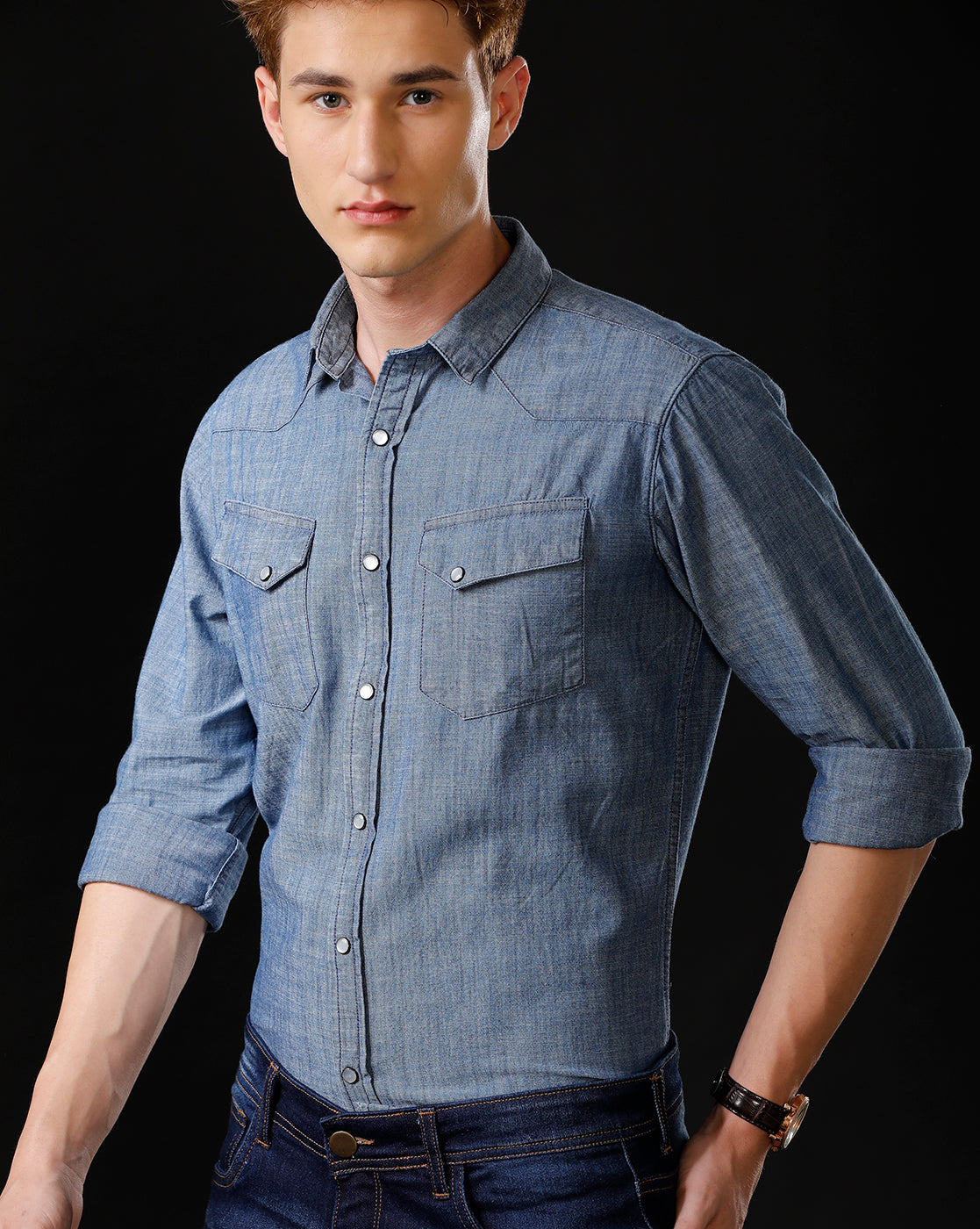 Men's Slim Fit Solid Denim Casual Shirt (ANOUR)