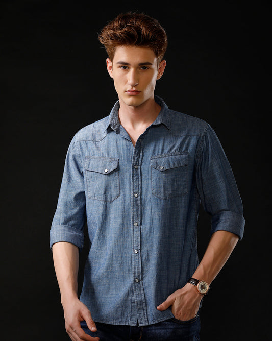 Men's Slim Fit Solid Denim Casual Shirt (ANOUR)