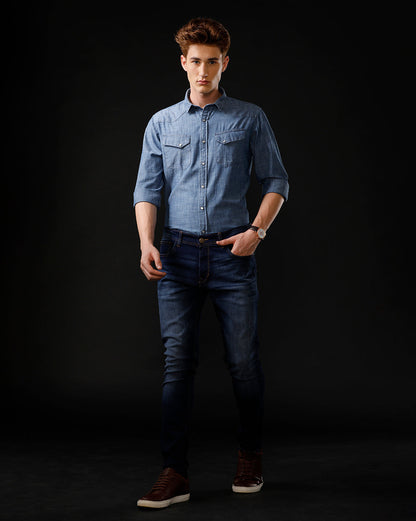 Men's Slim Fit Solid Denim Casual Shirt (ANOUR)