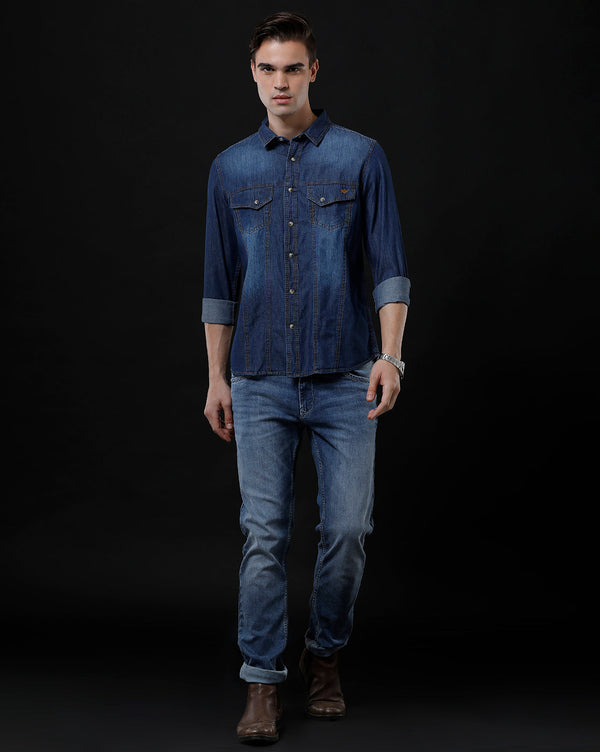 Men's Slim Fit Solid Denim Casual Shirt (AMPHI)