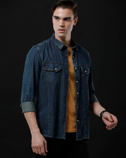 Men's Slim Fit Solid Denim Casual Shirt (AMPLE)