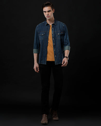 Men's Slim Fit Solid Denim Casual Shirt (AMPLE)