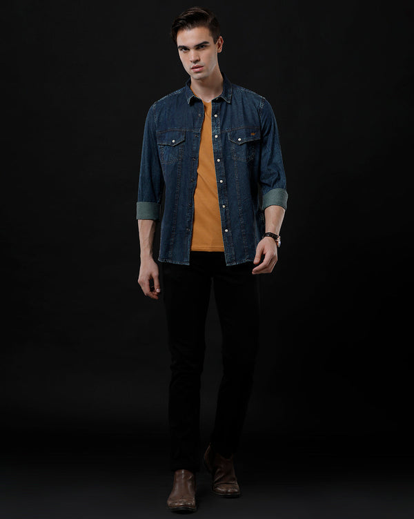 Men's Slim Fit Solid Denim Casual Shirt (AMPLE)