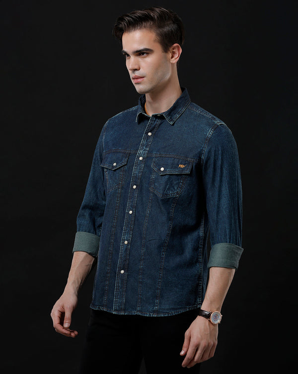 Men's Slim Fit Solid Denim Casual Shirt (AMPLE)