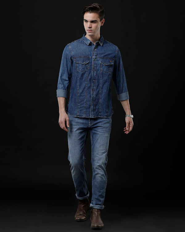 Men's Slim Fit Solid Denim Casual Shirt (AMPTY)