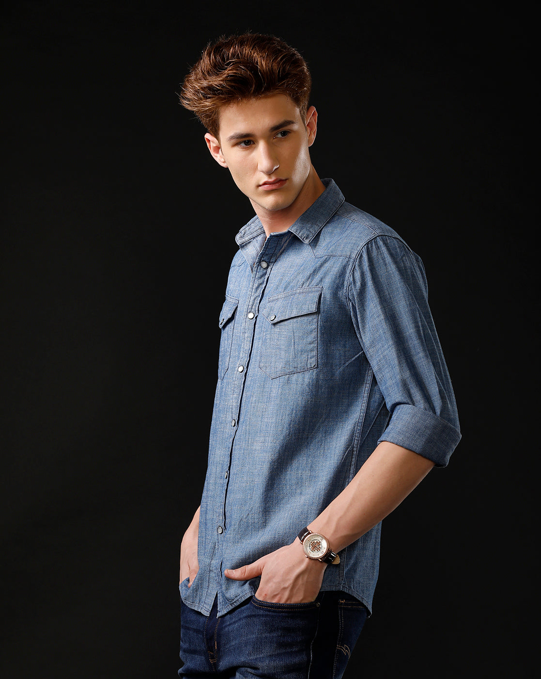Men's Slim Fit Solid Denim Casual Shirt (ANDES)