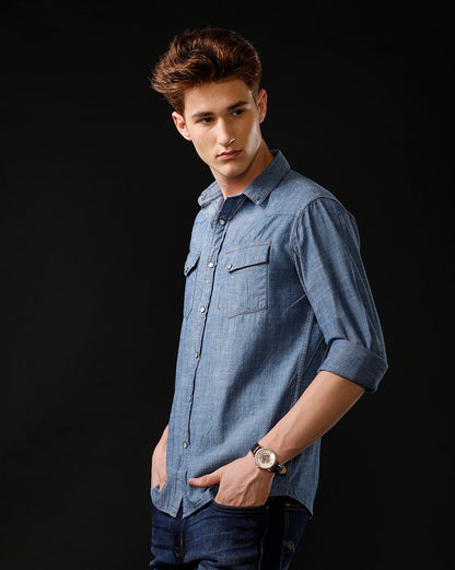 Men's Slim Fit Solid Denim Casual Shirt (ANDES)