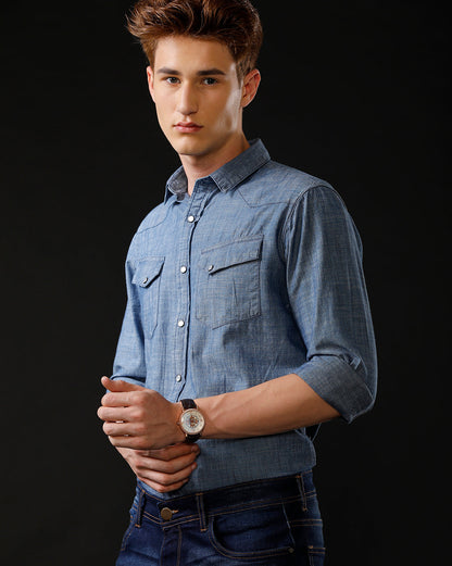 Men's Slim Fit Solid Denim Casual Shirt (ANDES)