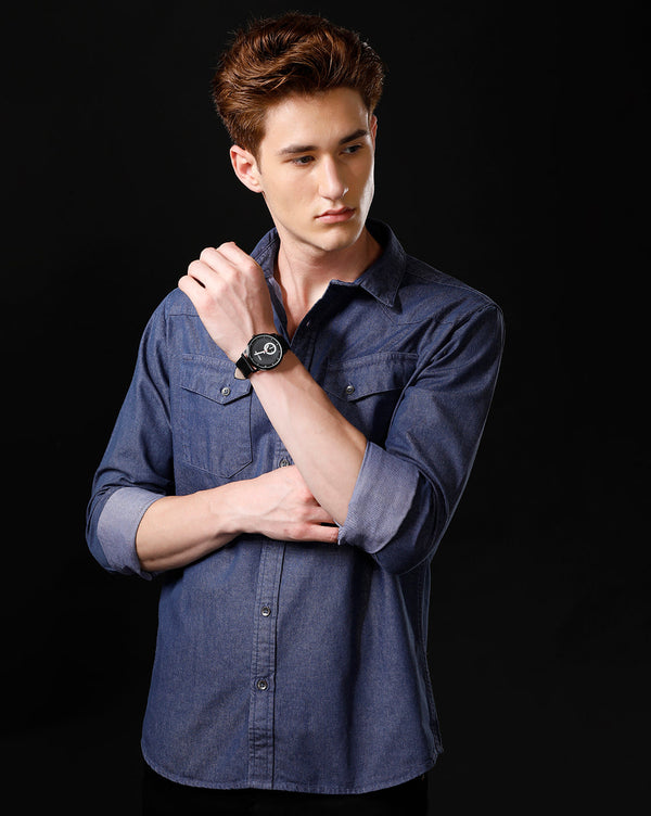 Men's Slim Fit Solid Denim Casual Shirt (ANIME)