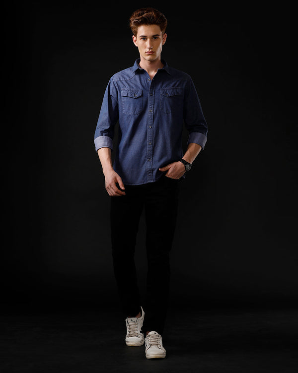Men's Slim Fit Solid Denim Casual Shirt (ANIME)