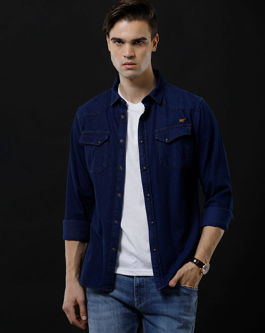 Men's Slim Fit Solid Denim Casual Shirt (ANTIQ)