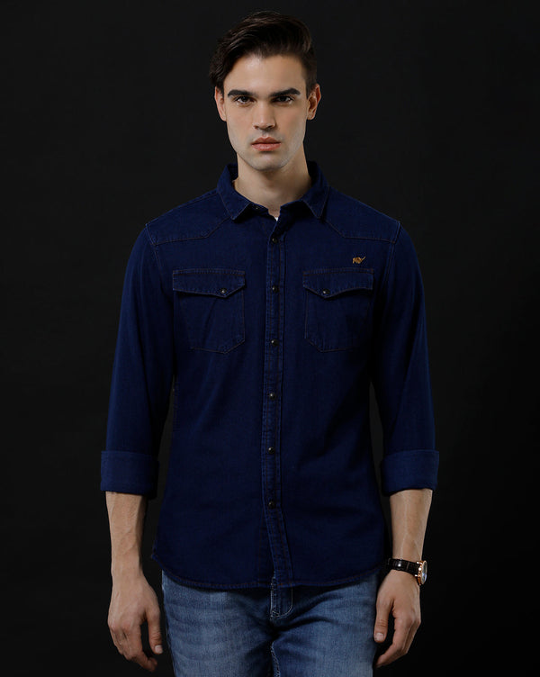 Men's Slim Fit Solid Denim Casual Shirt (ANTIQ)