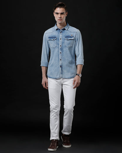 Men's Slim Fit Solid Denim Casual Shirt (ANANT)