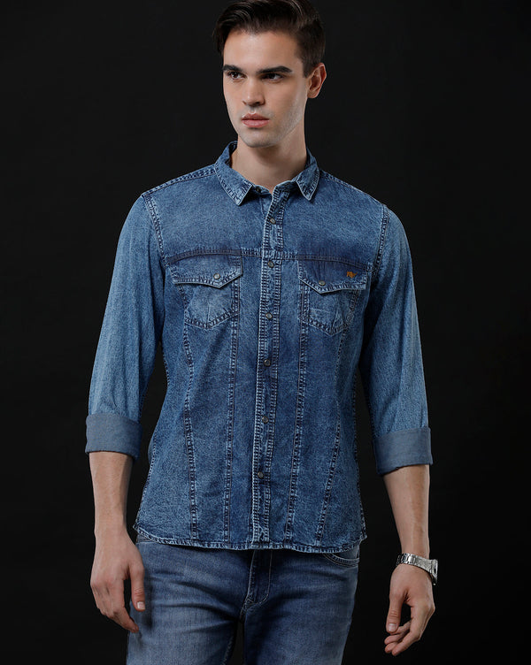 Men's Slim Fit Solid Denim Casual Shirt (APLIT)