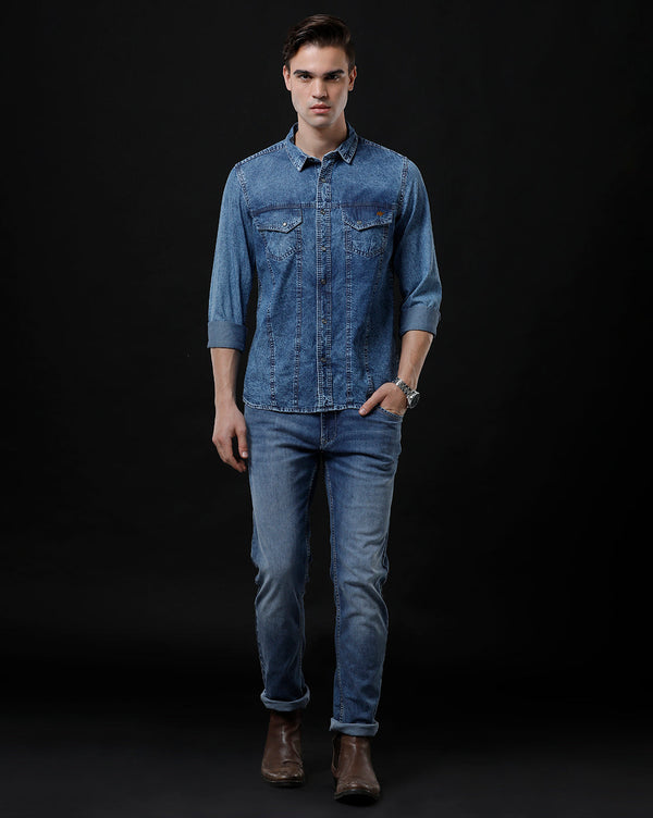 Men's Slim Fit Solid Denim Casual Shirt (APLIT)