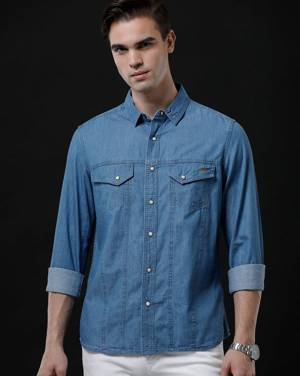 Men's Slim Fit Solid Denim Casual Shirt (APOKE)