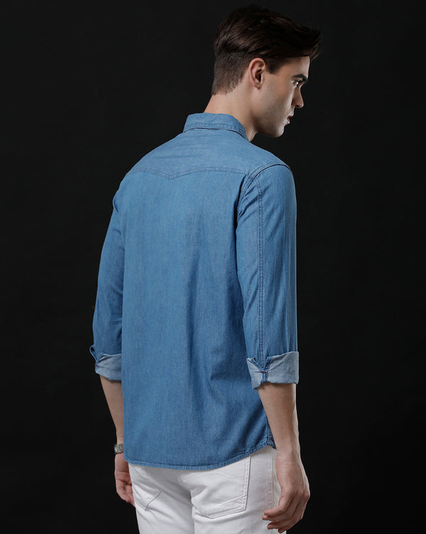 Men's Slim Fit Solid Denim Casual Shirt (APOKE)