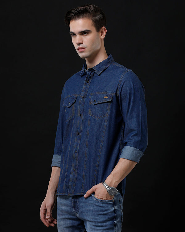 Men's Slim Fit Solid Denim Casual Shirt (APPOL)