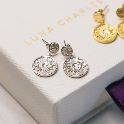 Boucles d'oreilles pendantes Aruna Sun Coin | Argent sterling 925