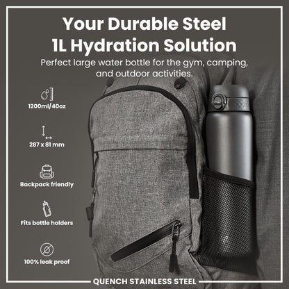 Leak Proof 1 Litre Water Bottle, Stainless Steel, Grey, 1L