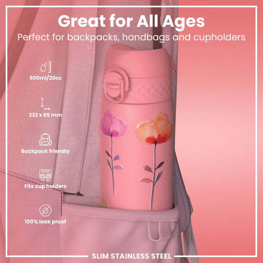 Leak Proof Slim Water Bottle, Stainless Steel, Flowers, 600ml (20oz)