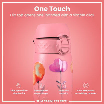 Leak Proof Slim Water Bottle, Stainless Steel, Flowers, 600ml (20oz)