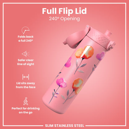 Leak Proof Slim Water Bottle, Stainless Steel, Flowers, 600ml (20oz)