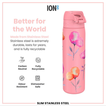 Leak Proof Slim Water Bottle, Stainless Steel, Flowers, 600ml (20oz)
