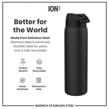 Leak Proof 1 Litre Water Bottle, Stainless Steel, Black, 1L