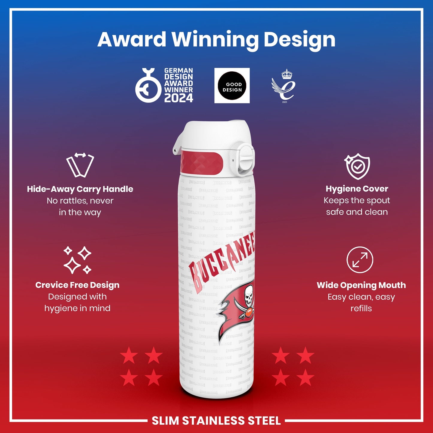 Leak Proof NFL Water Bottle, Stainless Steel, Tampa Bay Buccaneers, 600ml (20oz)