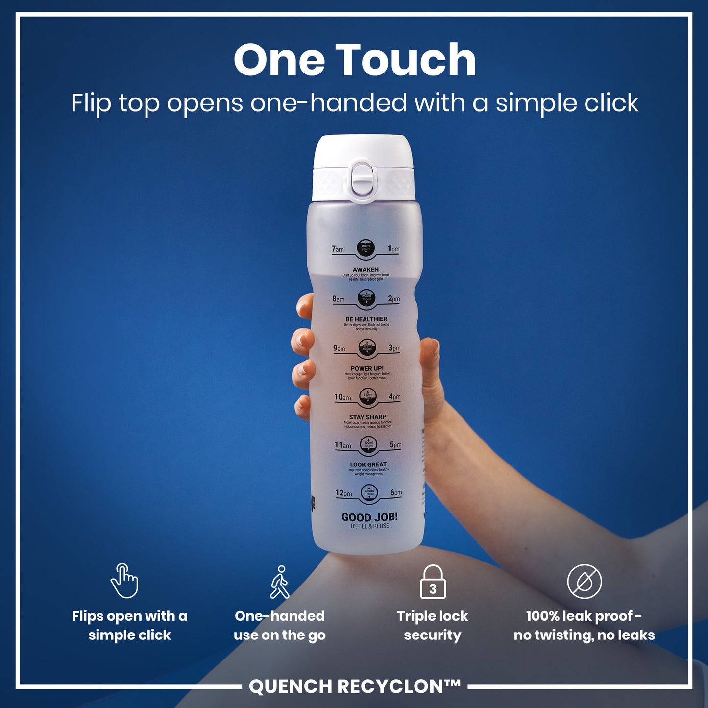 Leak Proof 1 Litre Water Bottle with Times to Drink, Recyclon, Ice, 1L