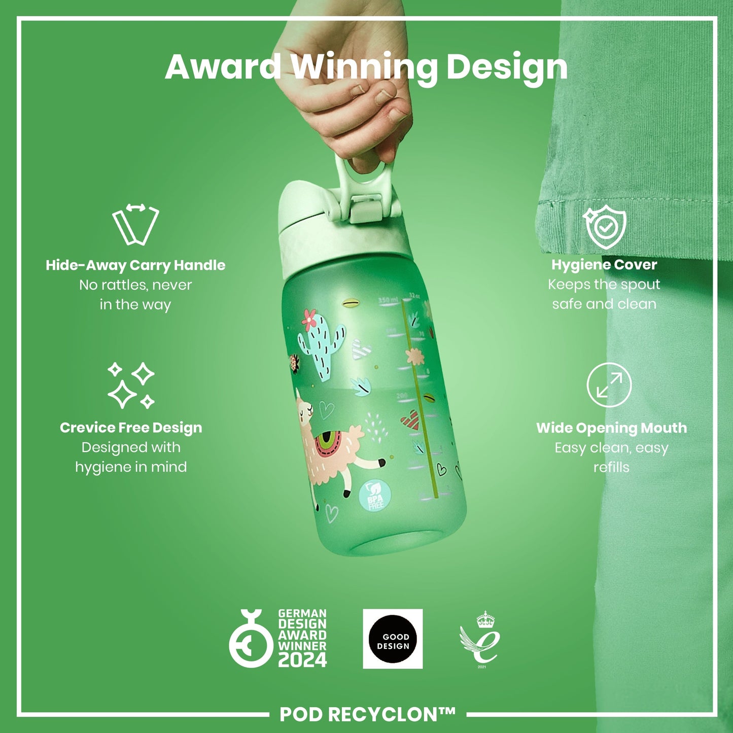 Leak Proof Kids Water Bottle, Recyclon, Llamas, 350ml (12oz)