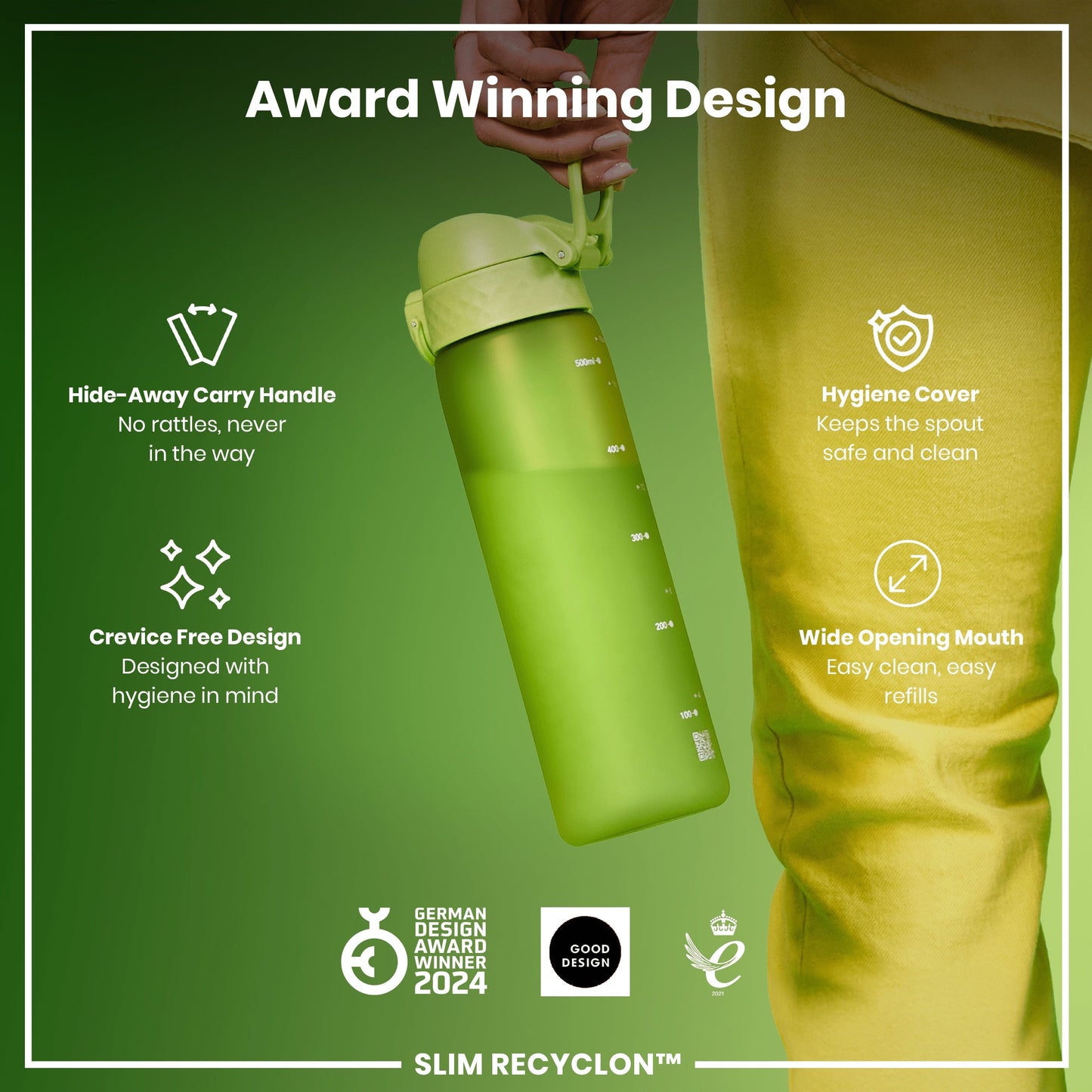 Leak Proof Slim Water Bottle, Recyclon, Green, 500ml (18oz)