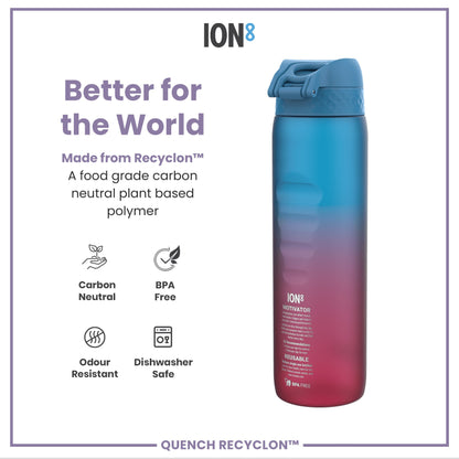 Leak Proof 1 Litre Water Bottle with Times to Drink, Recyclon, Blue & Pink, 1L