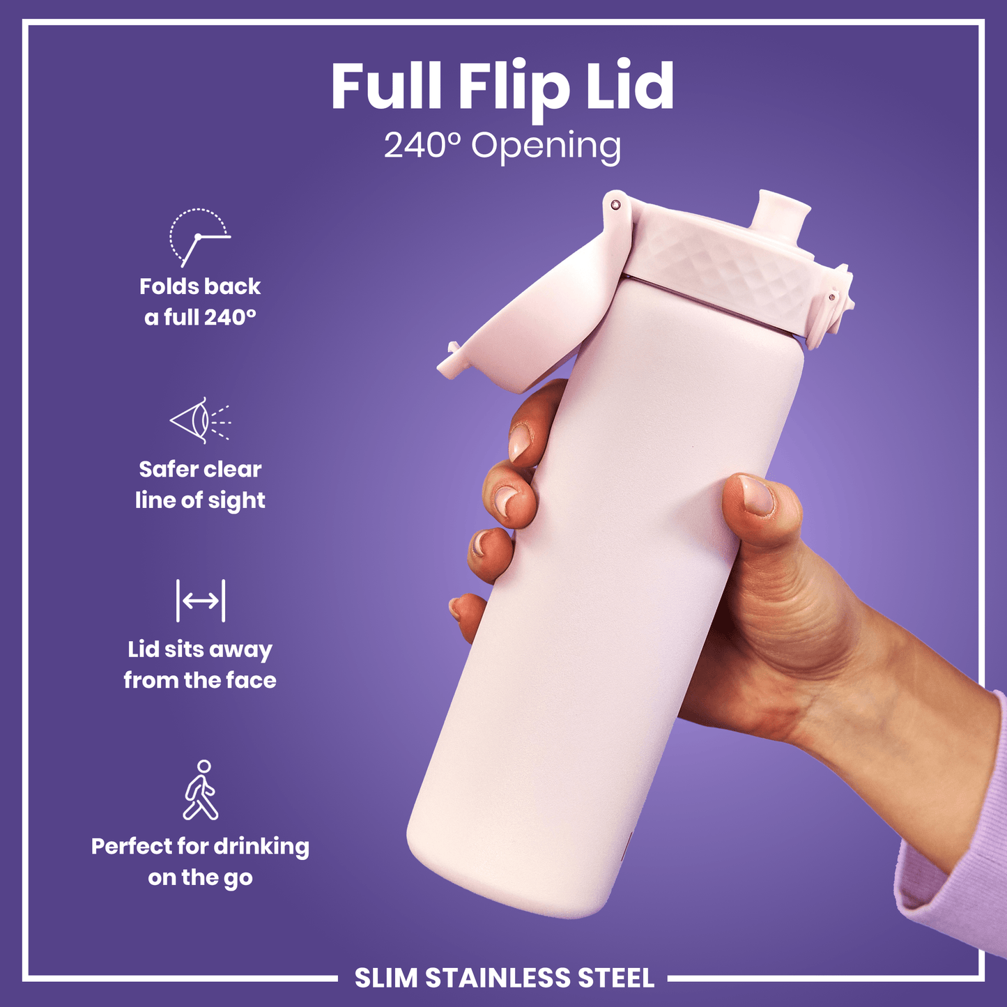 Leak Proof Slim Water Bottle, Stainless Steel, Lilac Dusk, 600ml (20oz)