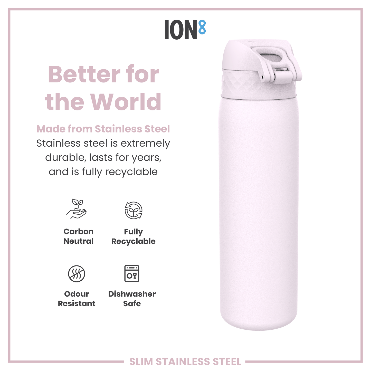 Leak Proof Slim Water Bottle, Stainless Steel, Lilac Dusk, 600ml (20oz)