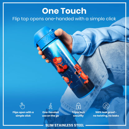 Leak Proof Slim Water Bottle, Stainless Steel, Dino Band, 600ml (20oz)