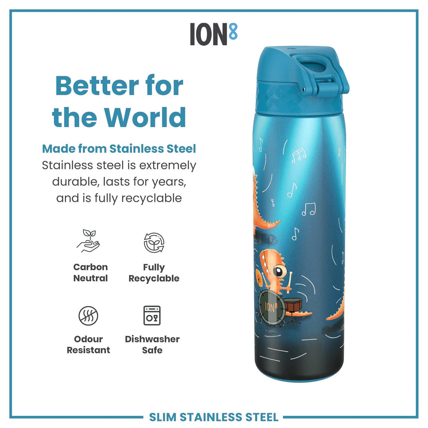Leak Proof Slim Water Bottle, Stainless Steel, Dino Band, 600ml (20oz)