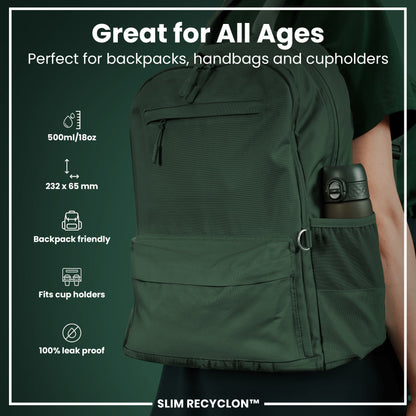 Leak Proof Slim Water Bottle, Recyclon, Dark Green, 500ml (18oz)