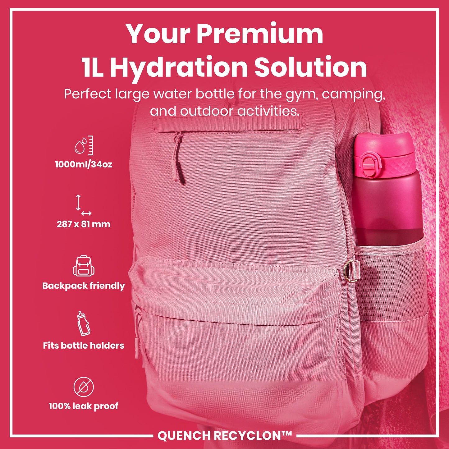 Leak Proof 1 litre Water Bottle, Recyclon, Pink, 1L