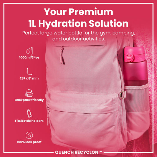 Leak Proof 1 litre Water Bottle, Recyclon, Pink, 1L