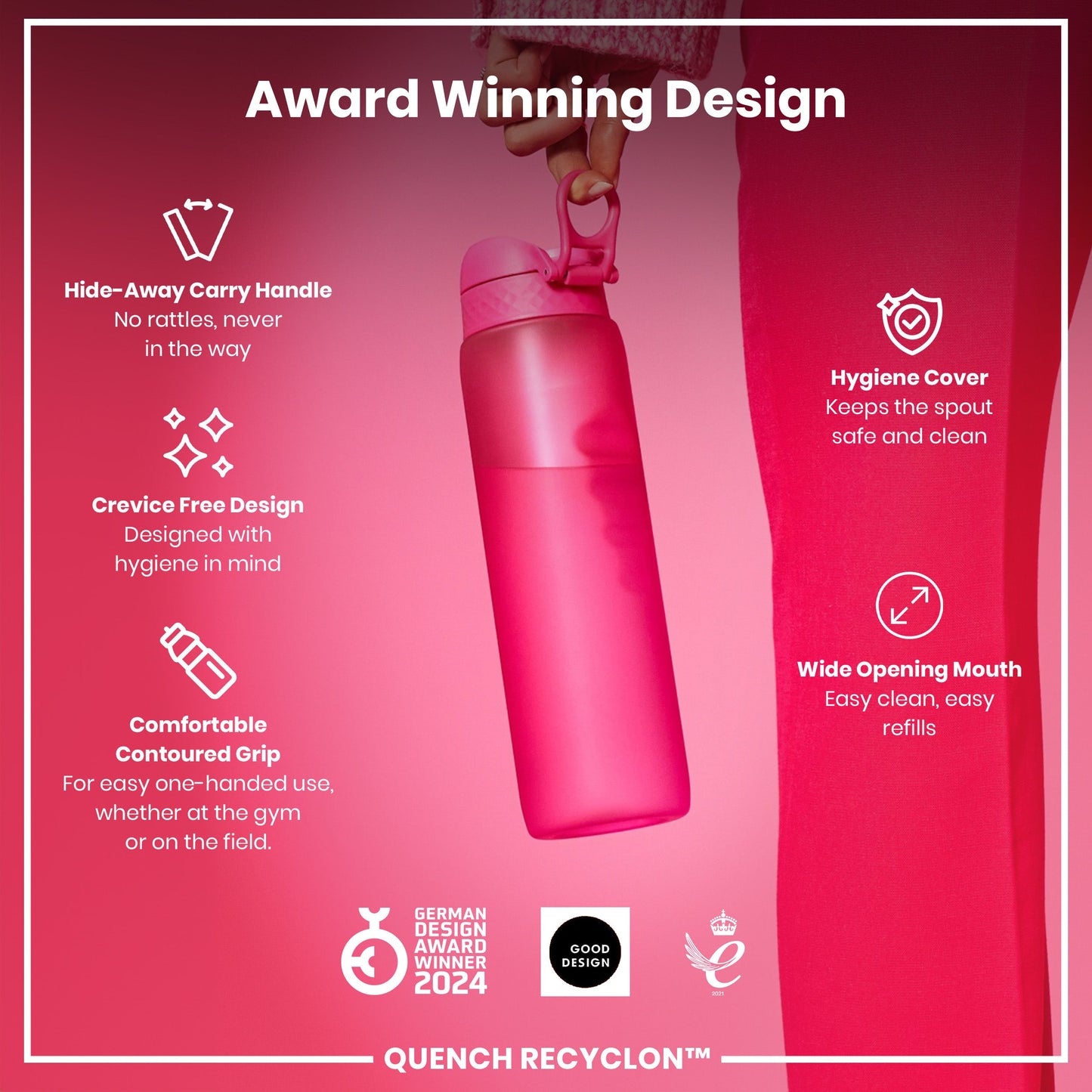 Leak Proof 1 litre Water Bottle, Recyclon, Pink, 1L