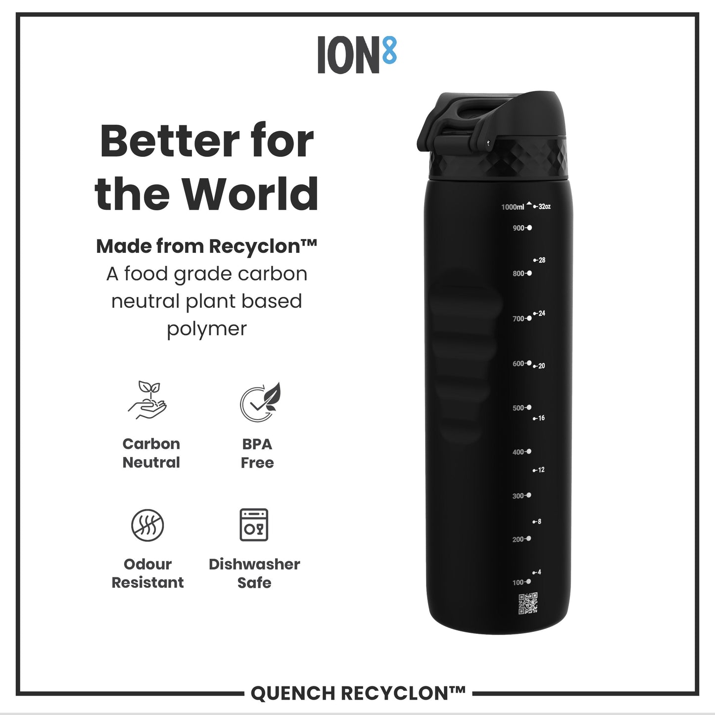 Leak Proof 1 litre Water Bottle, Recyclon, Black, 1L