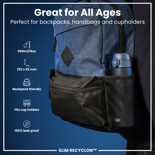 Leak Proof Slim Water Bottle, Recyclon, Navy, 500ml (18oz)