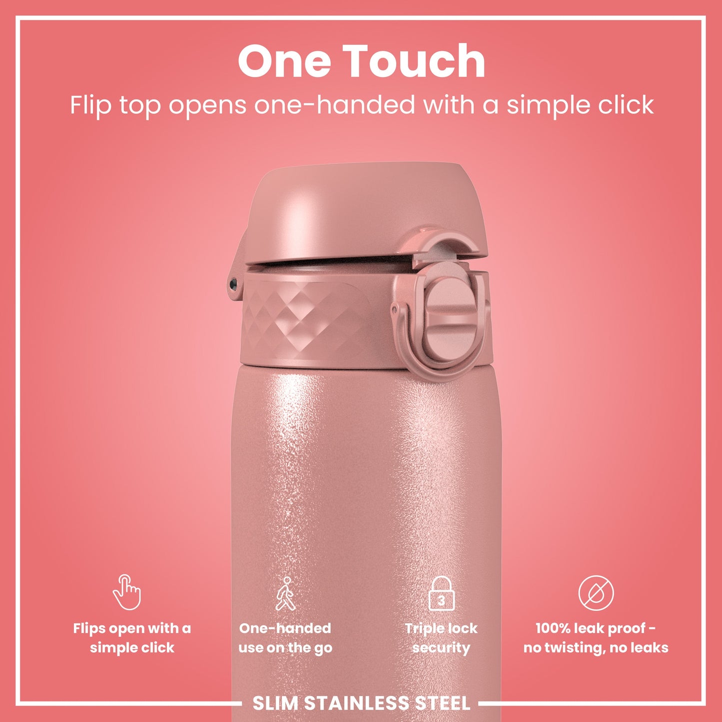 Leak Proof Slim Water Bottle, Stainless Steel, Ash Rose, 600ml (20oz)