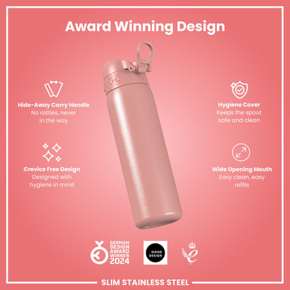Leak Proof Slim Water Bottle, Stainless Steel, Ash Rose, 600ml (20oz)