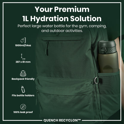 Leak Proof 1 litre Water Bottle, Recyclon, Dark Green, 1L