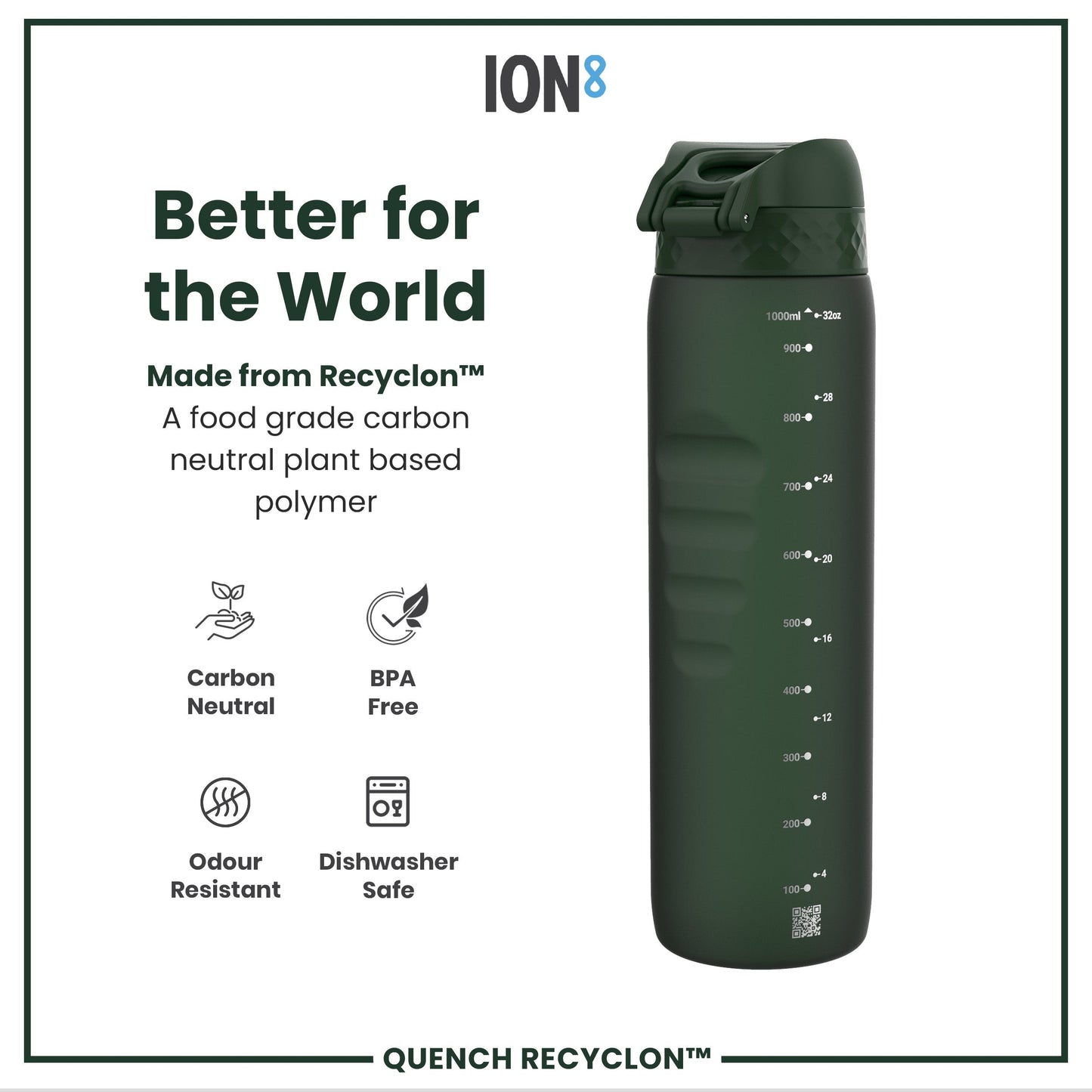 Leak Proof 1 litre Water Bottle, Recyclon, Dark Green, 1L
