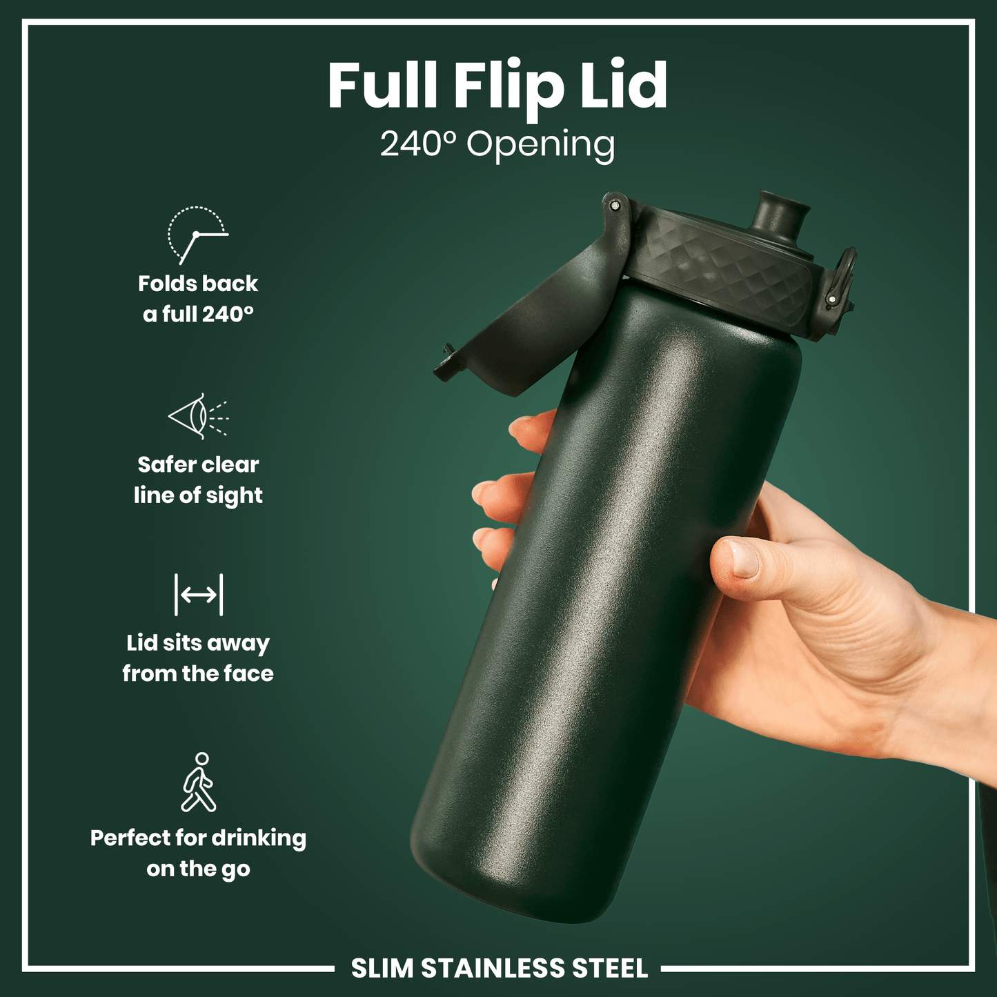 Leak Proof Slim Water Bottle, Stainless Steel, Dark Green, 600ml (20oz)