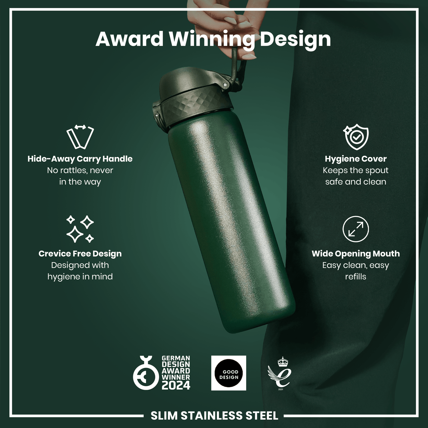Leak Proof Slim Water Bottle, Stainless Steel, Dark Green, 600ml (20oz)